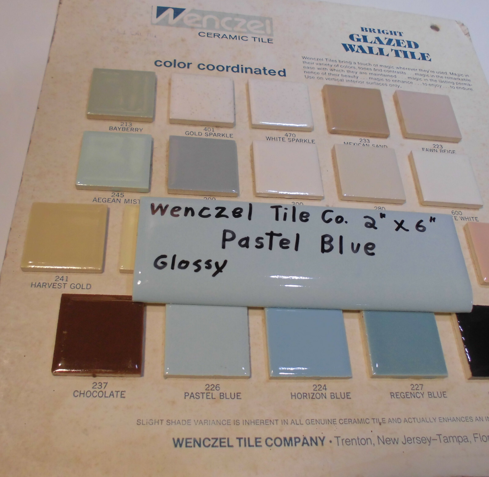 1 pc. Vintage Glossy *Pastel Blue* 2” X 6” Bullnose Ceramic Tile by Wenczel Co.