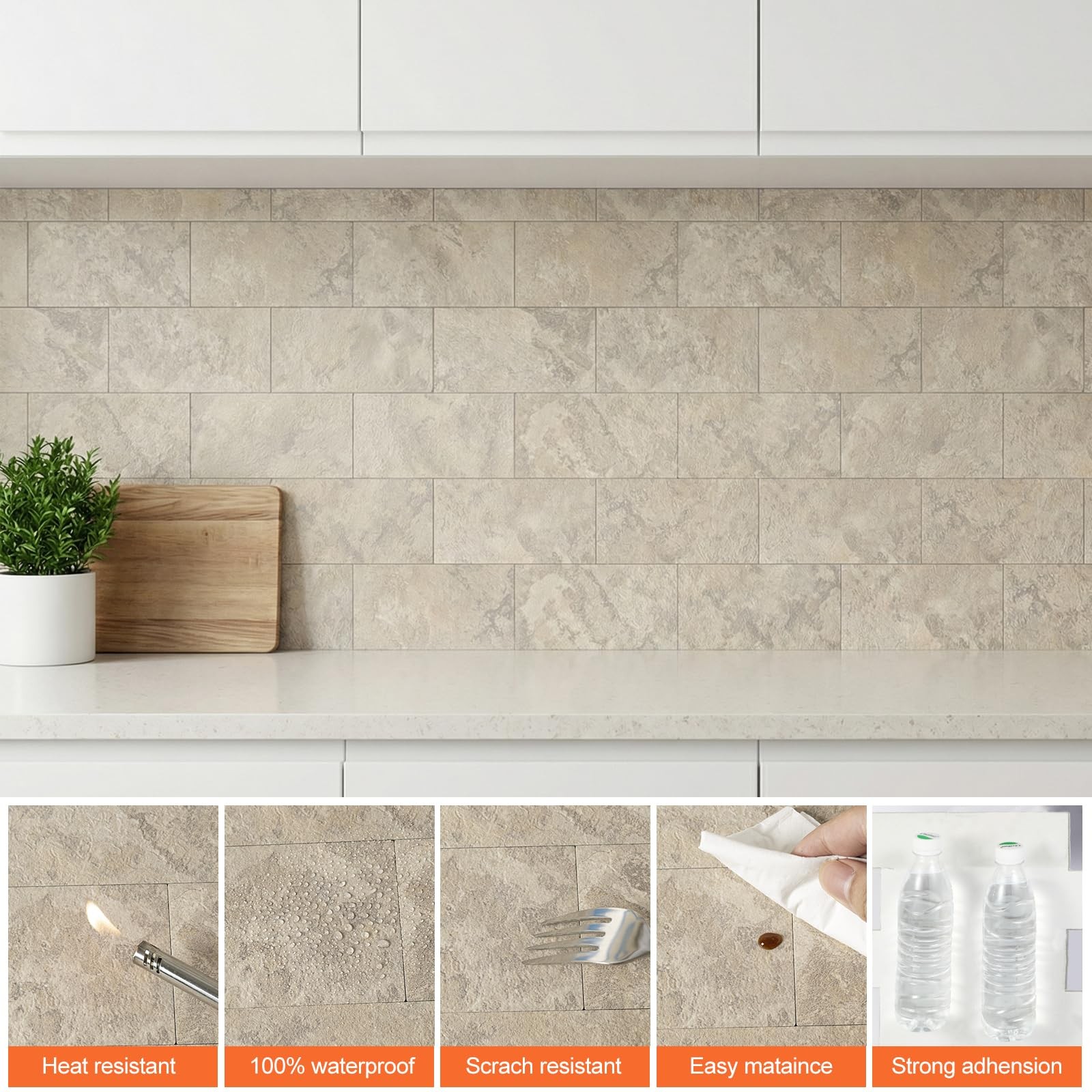Peel and Stick Subway Tile Backsplash, 10 Sheets 12”x12”Beige Stone-Look 3D…
