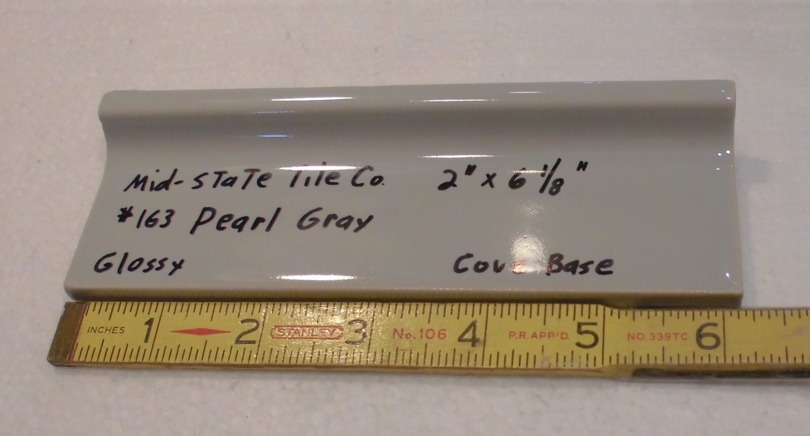 1 pc. Pearl Gray: 2” X 6-1/8” Glossy Ceramic Cove Base Tile, Flat Top, NOS