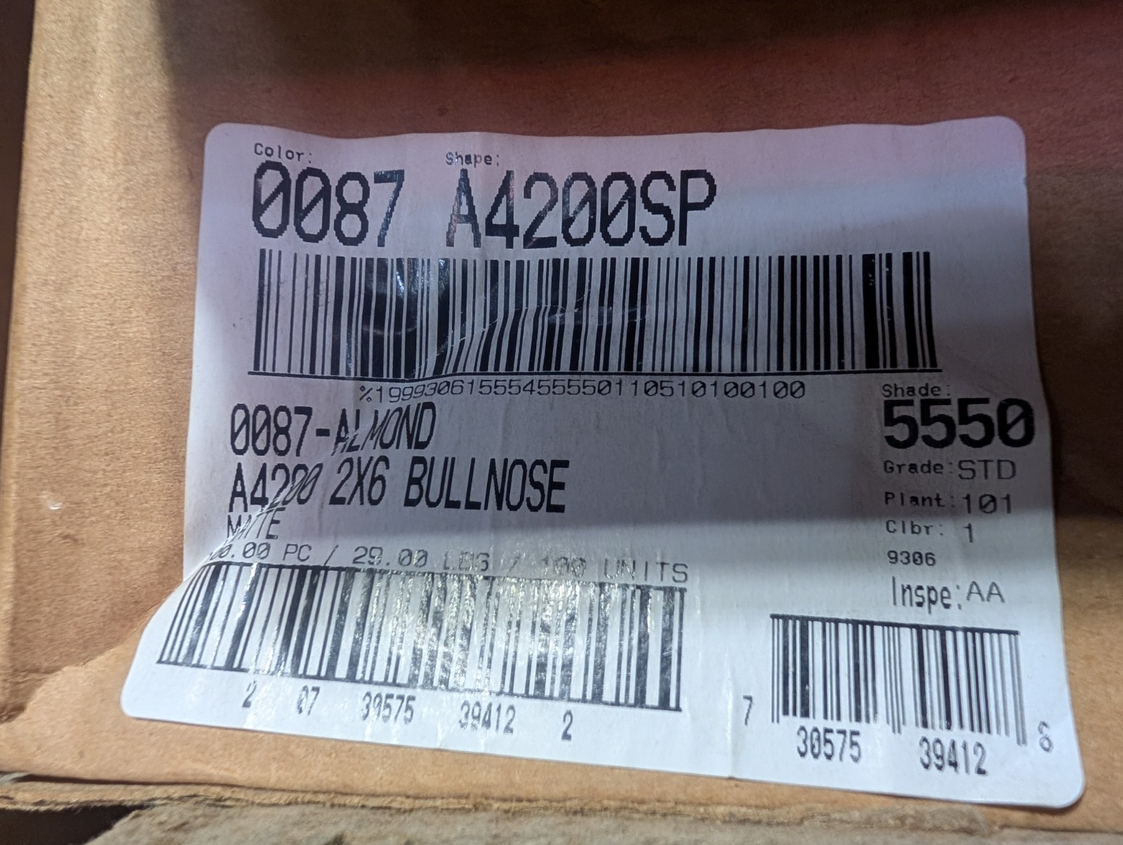 2 pc American Olean Ceramic Tile Mud Cap 2×6 Bullnose A4200 Matte Almond #87 USA