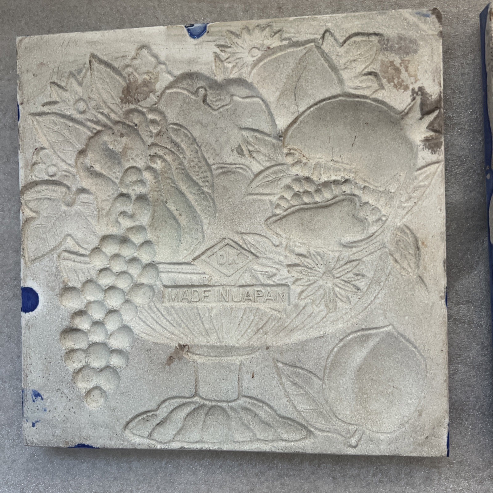 Pair Antique Japanese Danto DK Majolica Relief Tiles Fruit Basket Blue Cobalt 6”
