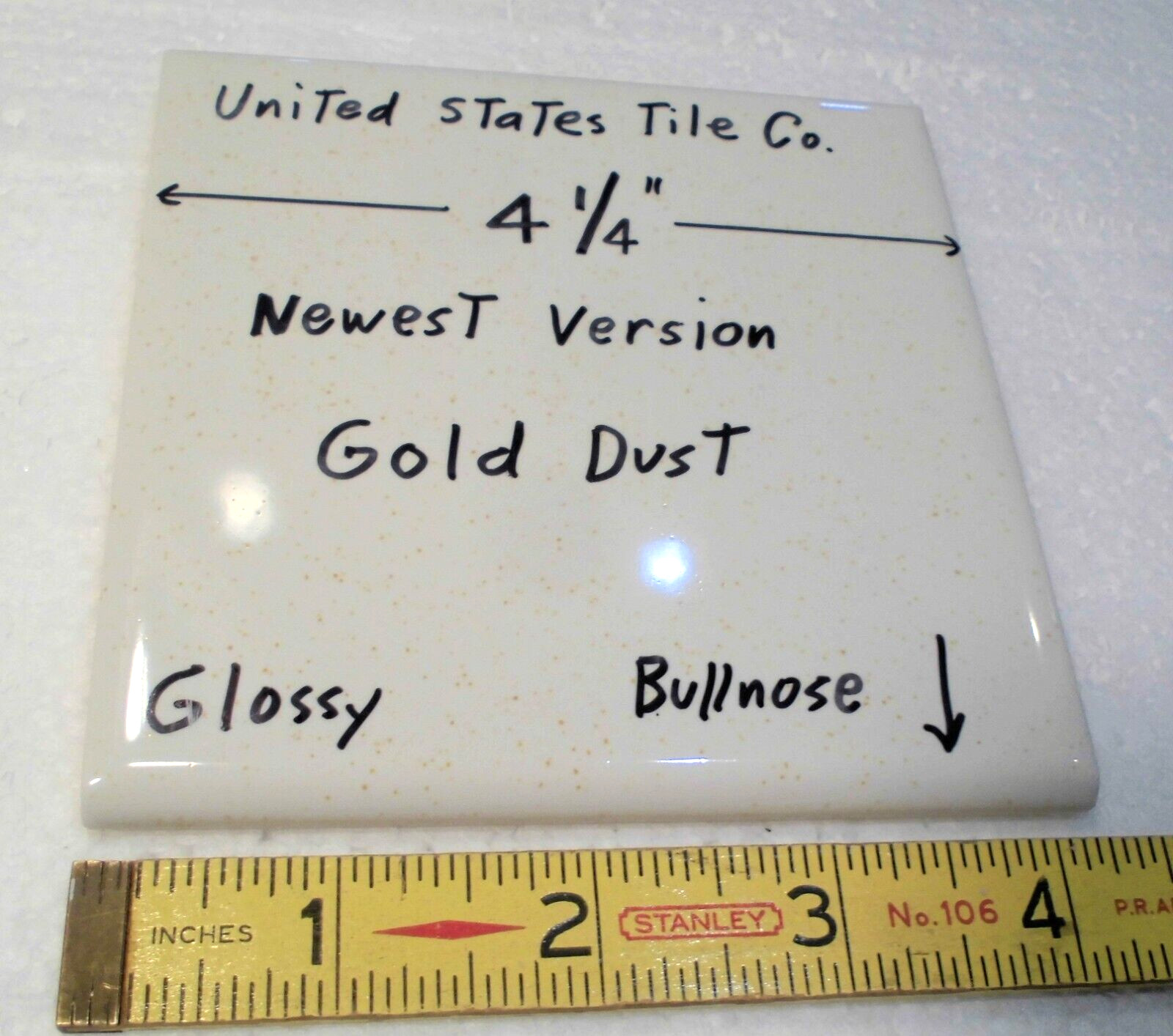 1 pc. Gold Dust: Glossy Ceramic Bullnose Tile: vintage white color, gold specks