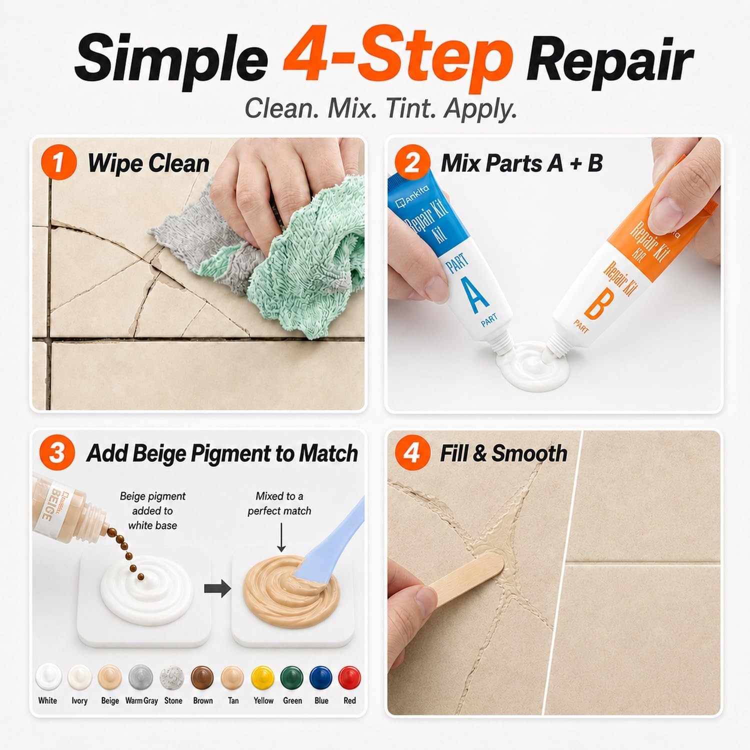 Tile Repair Kit – Color Match Epoxy Putty for Chips, Cracks & Scratches on Ceram