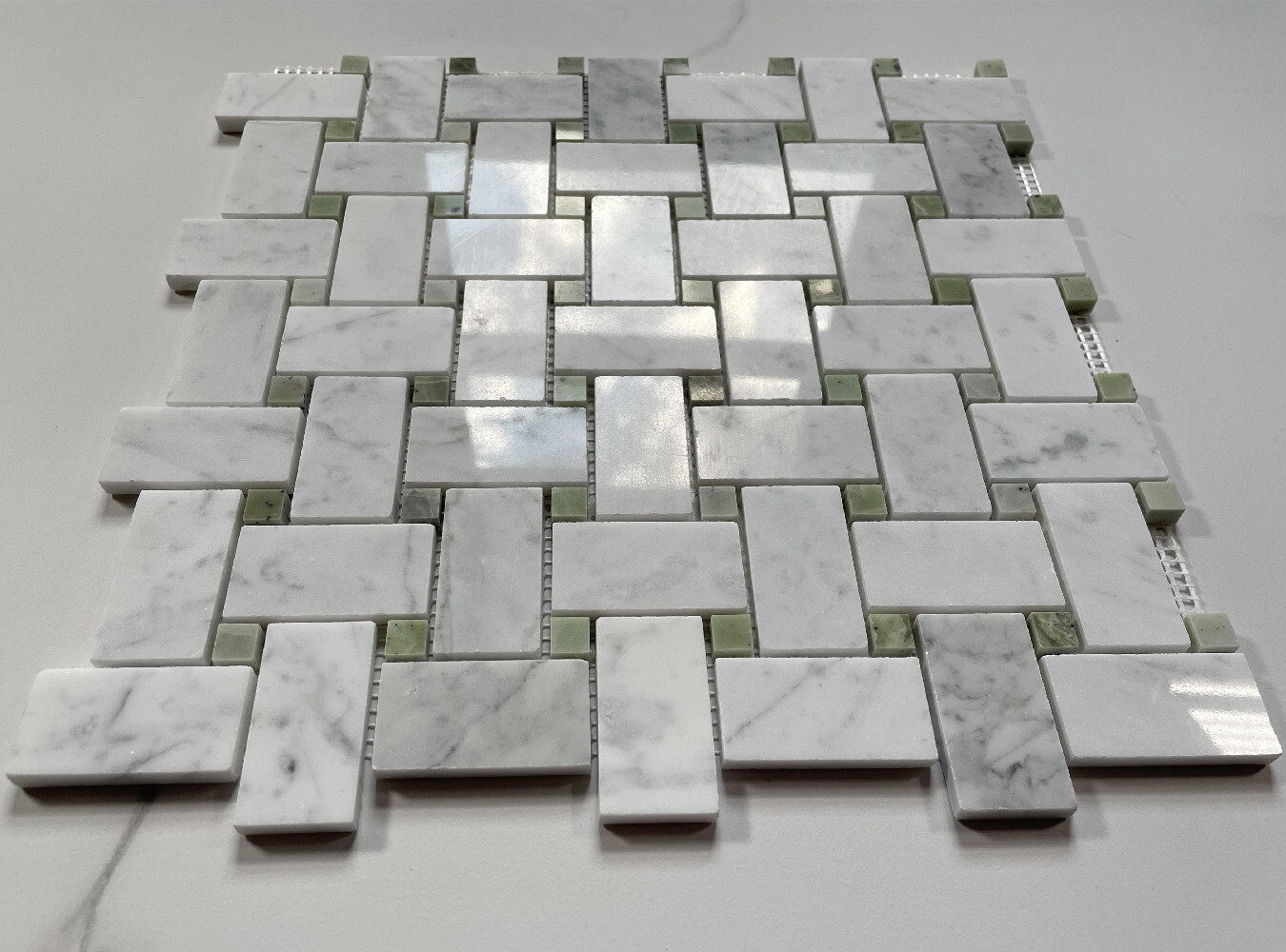 C652XP Carrara Venato Marble 1×2 Basketweave Mosaic Tile Green Dots Polished