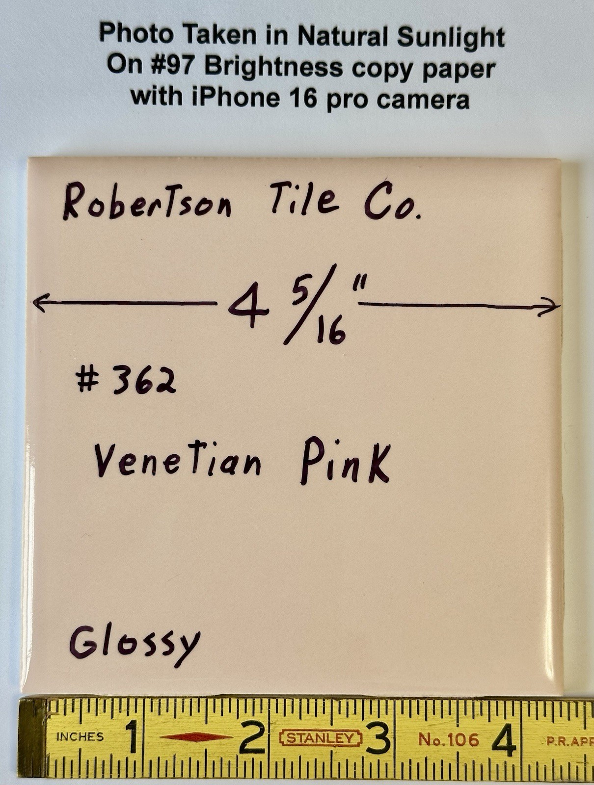 1 pc. Venetian Pink: 4-5/16″ Glossy Ceramic Tile, #362 by Robertson Tile Co. NOS