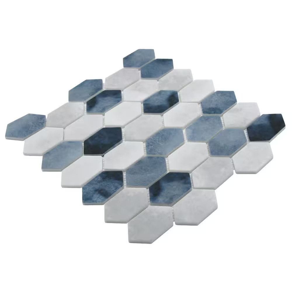Picket Blue Mix 10.7 In. X 10.1 In. Long Hexagon Recycled Glass Cement Looks Mos