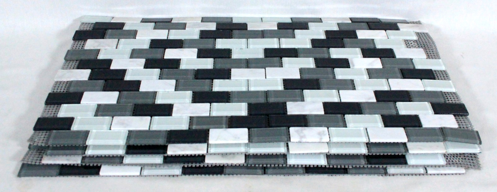 4 SHEETS WHITE, GREY & BLACK GLASS INTERLOCKING MOSAIC WALL TILES 11.5″ X 22.5″