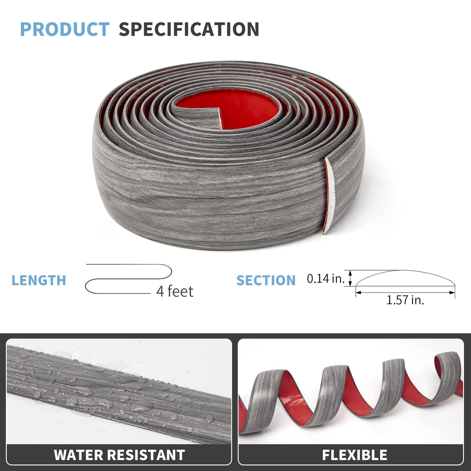Self Adhesive Floor Strip, 4ft, Laminate Tile Gap Transition, Gray