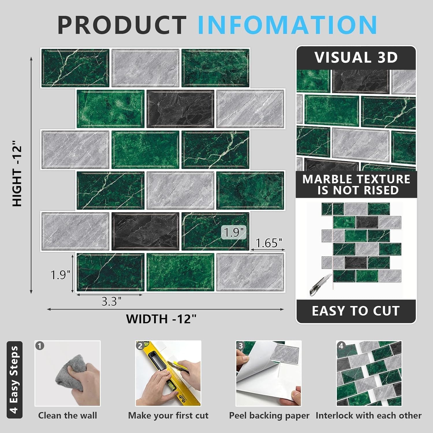 Stylish 10-Sheet Green Marble Backsplash Tiles – Easy DIY for Kitchen & Bath