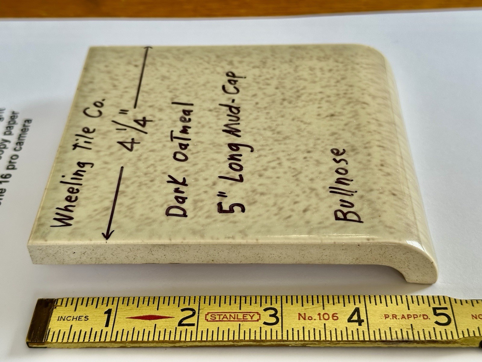 1 pc. Radius Long Bullnose: 4-1/4″ X 5″ Oatmeal Glossy Ceramic Tile, Wheeling Co