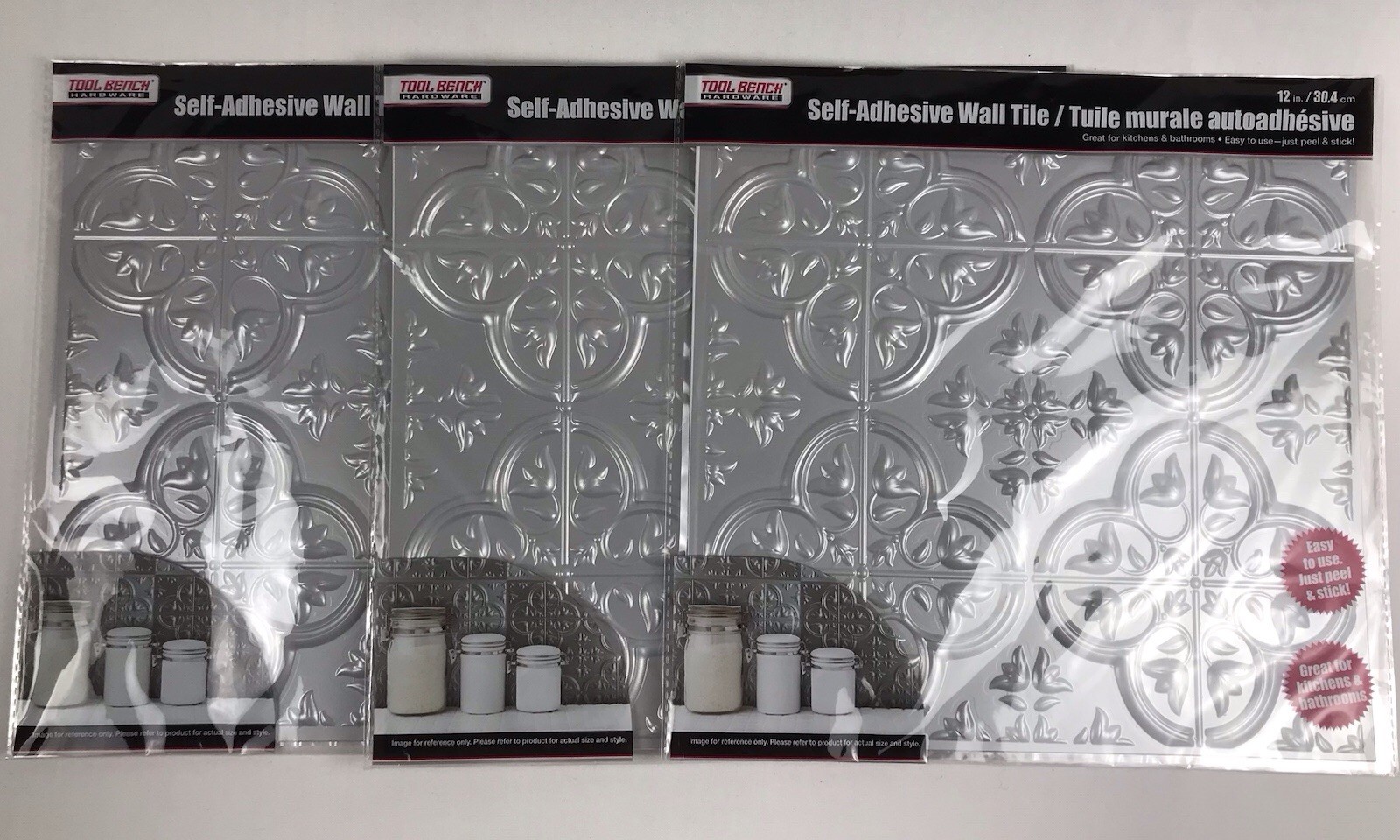 Lot of 3 TOOL BENCH HARDWARE 12”x 12” Self-Adhesive Gray Faux Tin Wall Tiles