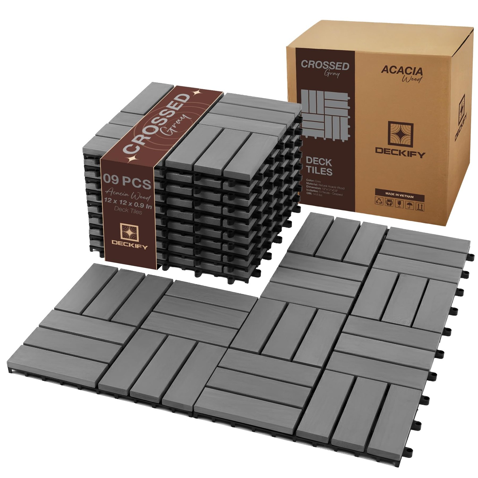 9Pcs Acacia Wood Interlocking Patio Deck Tiles, 12 x 12 x 0.9 Inch Outdoor Fl…