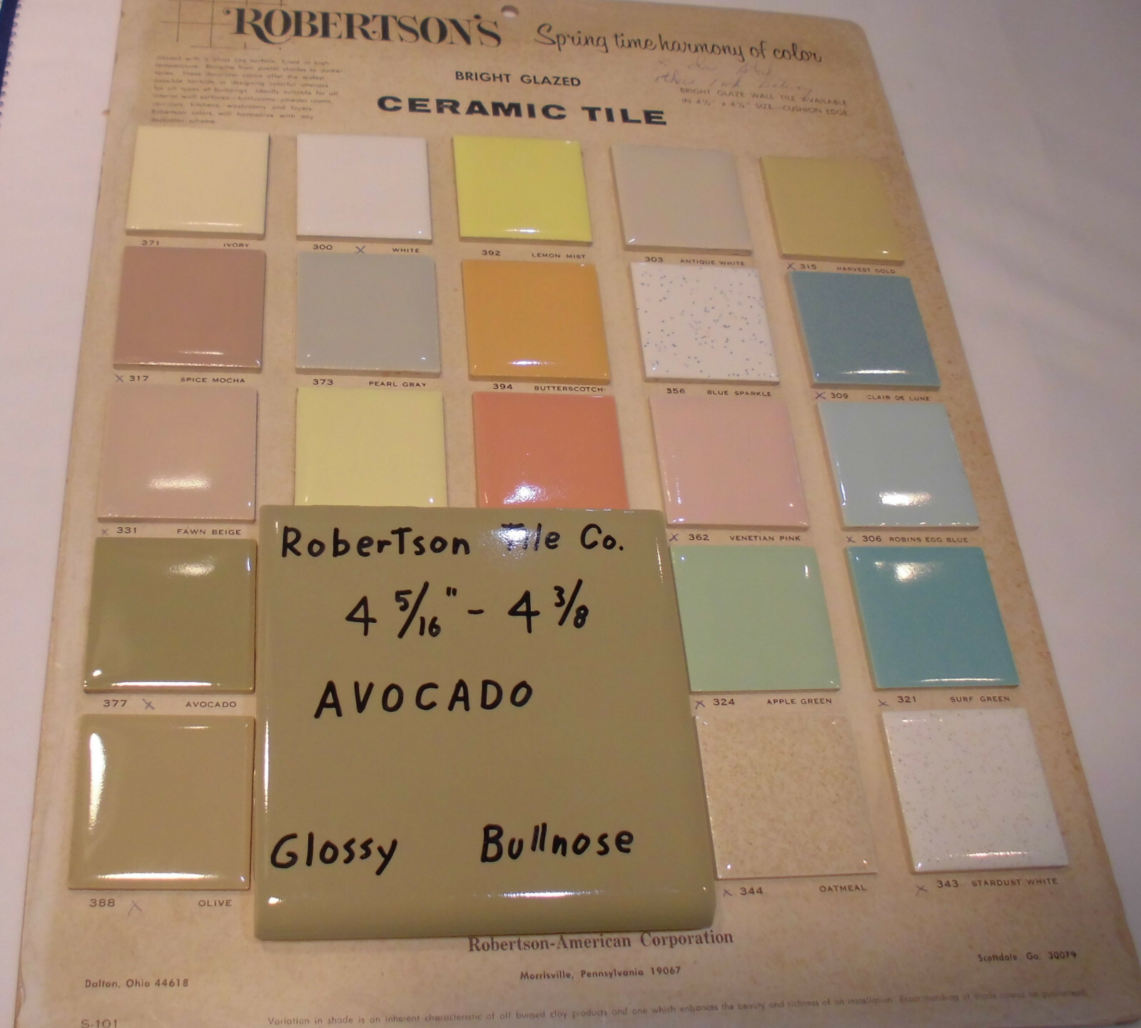 1 pc. *Avocado – Green* Vintage Glossy Ceramic Bullnose Tile 4-5/16” Robertson