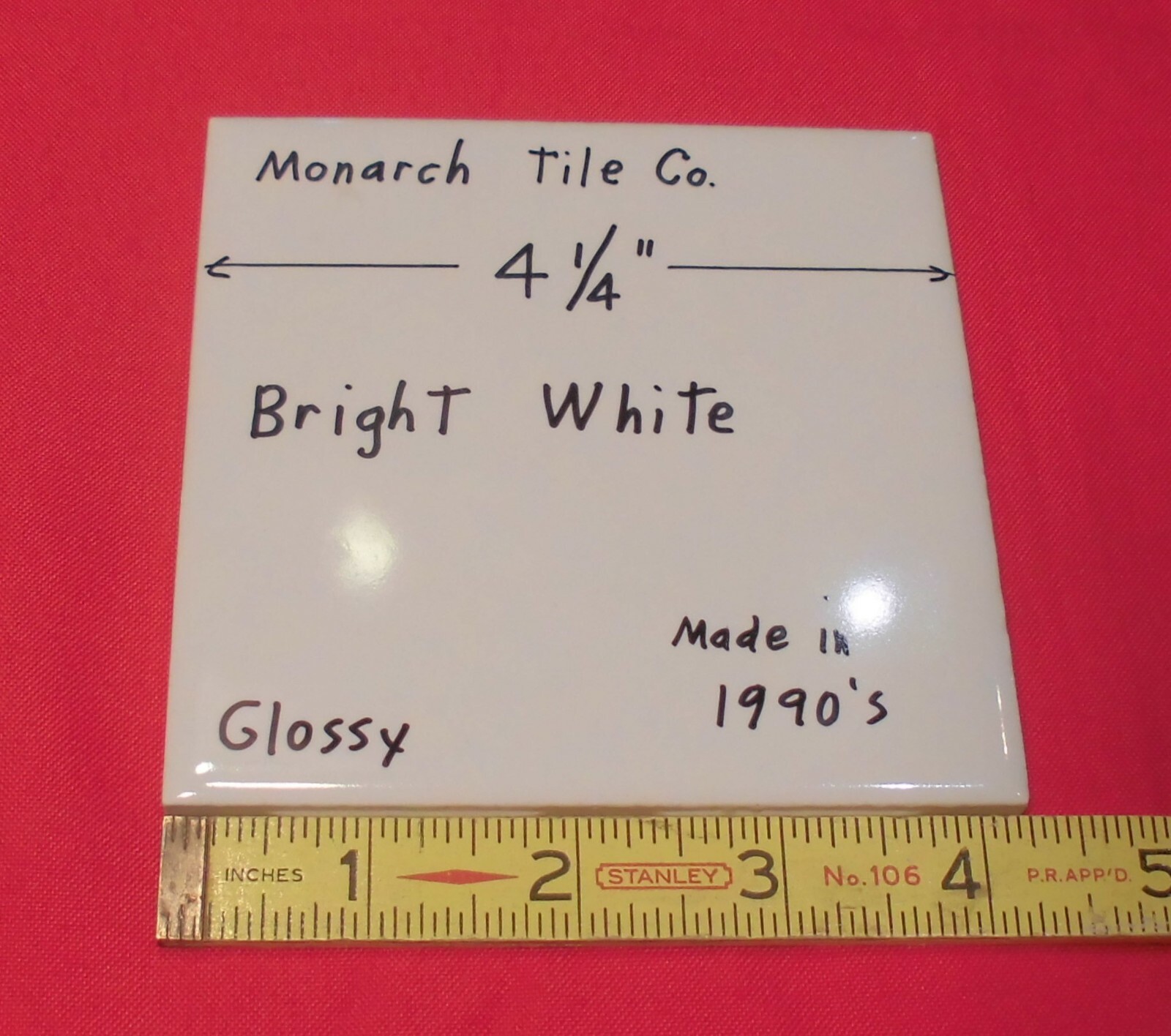 1 pc. Bright White 4-1/4″ Glossy Ceramic Tile by Monarch Tile Co. USA New