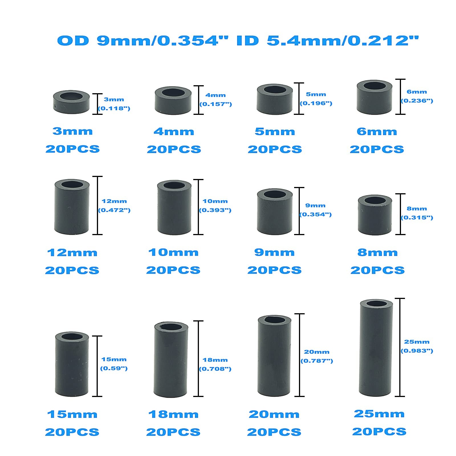 MCMASKE 240PCS OD 9mm ID 5.4mm ABS Plastic Black Round 5.4mm, black