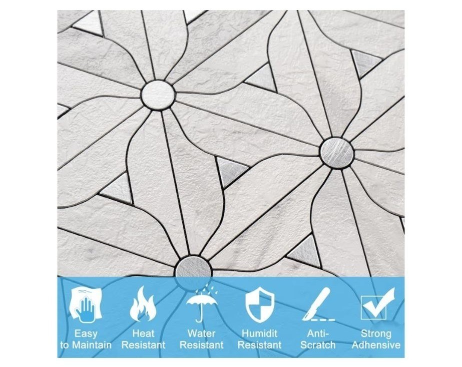 10 Sheets 12″x 12″ Peel & Stick Backsplash White PVC Silver Geo Flower Tiles
