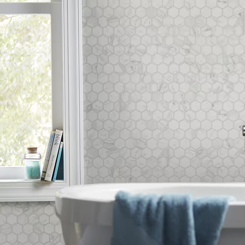 Carrara 10 In. X 12 In. X 6.35 Mm Ceramic Hexagon Mosaic Floor and Wall Tile (0.