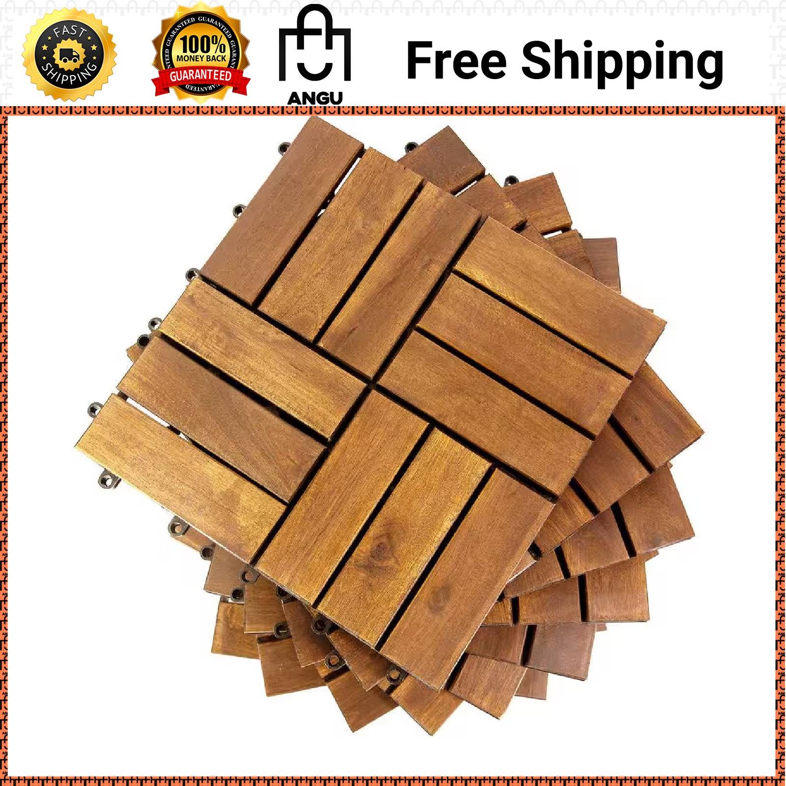 12×12 Acacia Wood Interlocking Deck Tiles Checker Pattern Brown 10 Pack