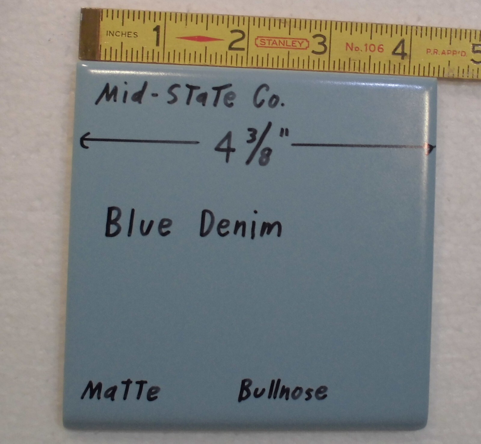 1 pc. Blue Denim: Matte Ceramic Bullnose Tile 4-3/8″ by Mid-State Co. NOS