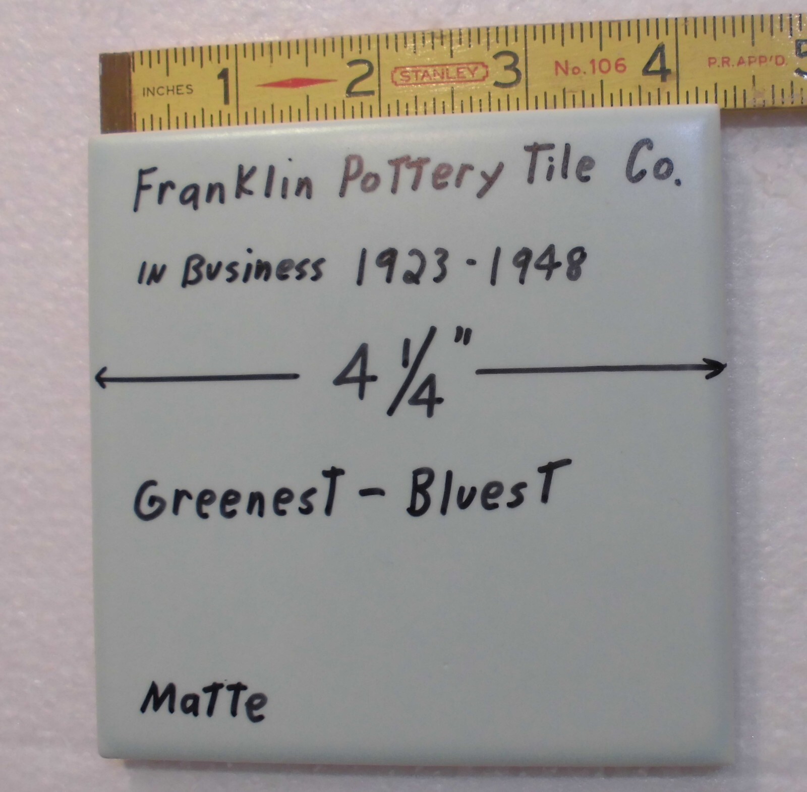 1 pc. Green – Blue: Matte Ceramic Tile by Franklin Co. 4-1/4″ Criteria 1930’s
