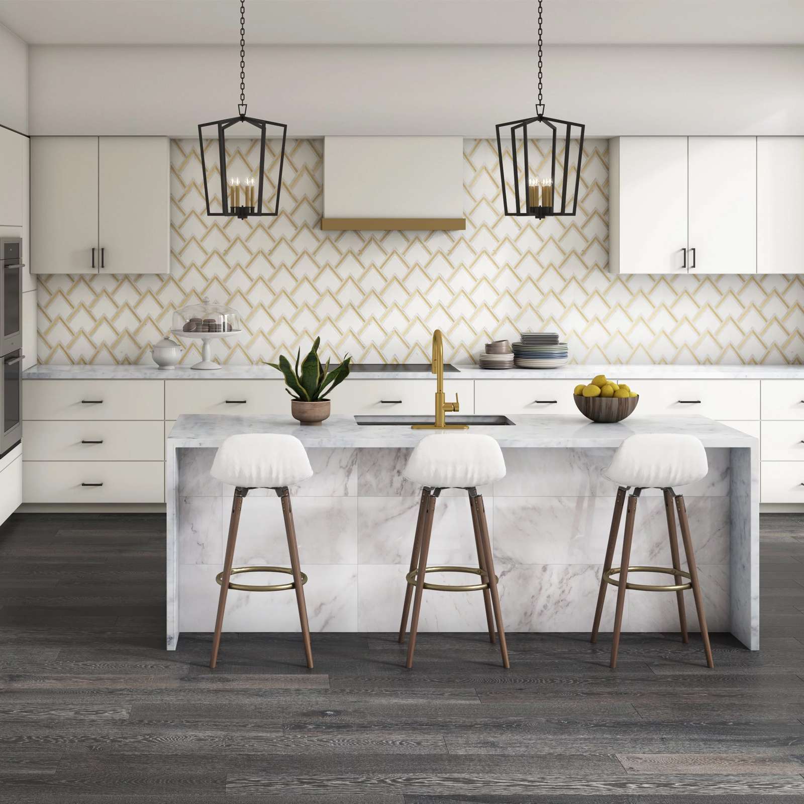 White Cararra Stone w/ Gold Aluminum Trim Inlay Tile Kitchen Wall Backsplash