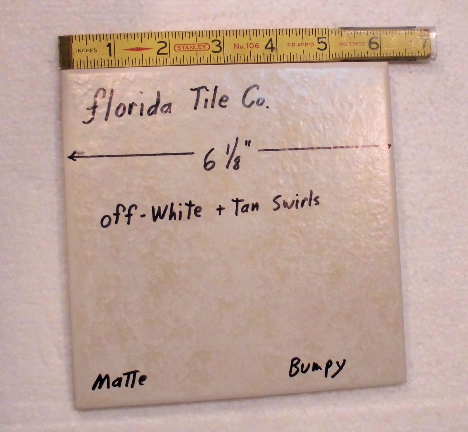 1 pc. Off-White +Tan Swirls: 6-1/8″ Square; Matte Ceramic Tile, by Florida, NOS