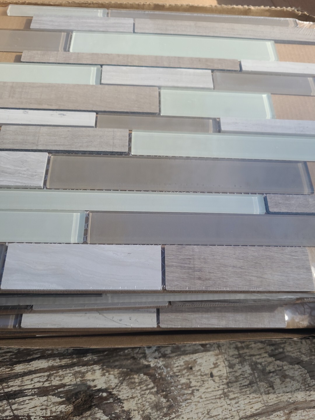 American Olean Glass Stone Wood Look Mosaic Tile Delfino Natural Taupe 16 Sheets