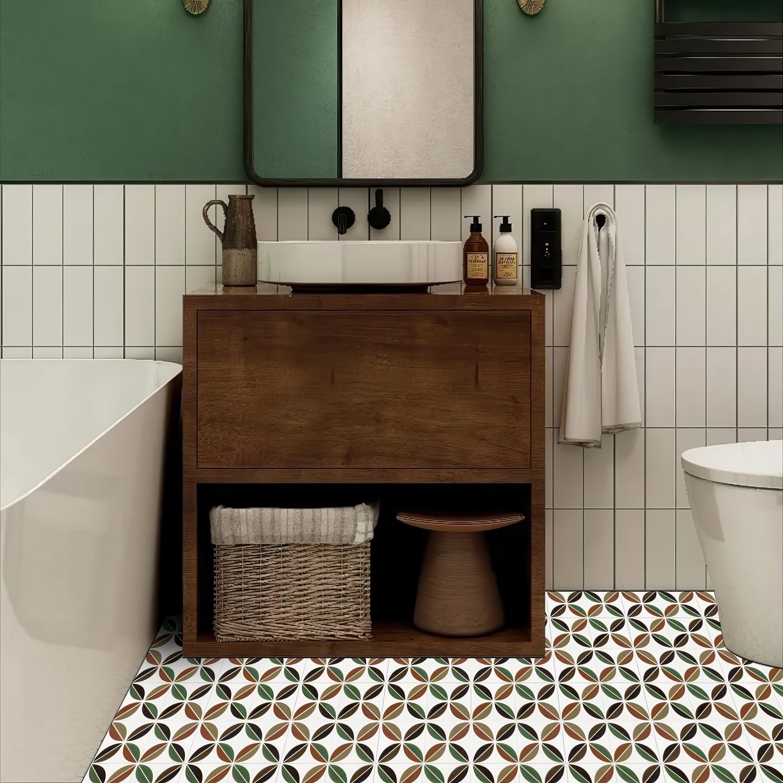 10PCS 12×12 Inch Retro Mid-Century Leaf Motif Floor Tiles Peel and Stick Remo…