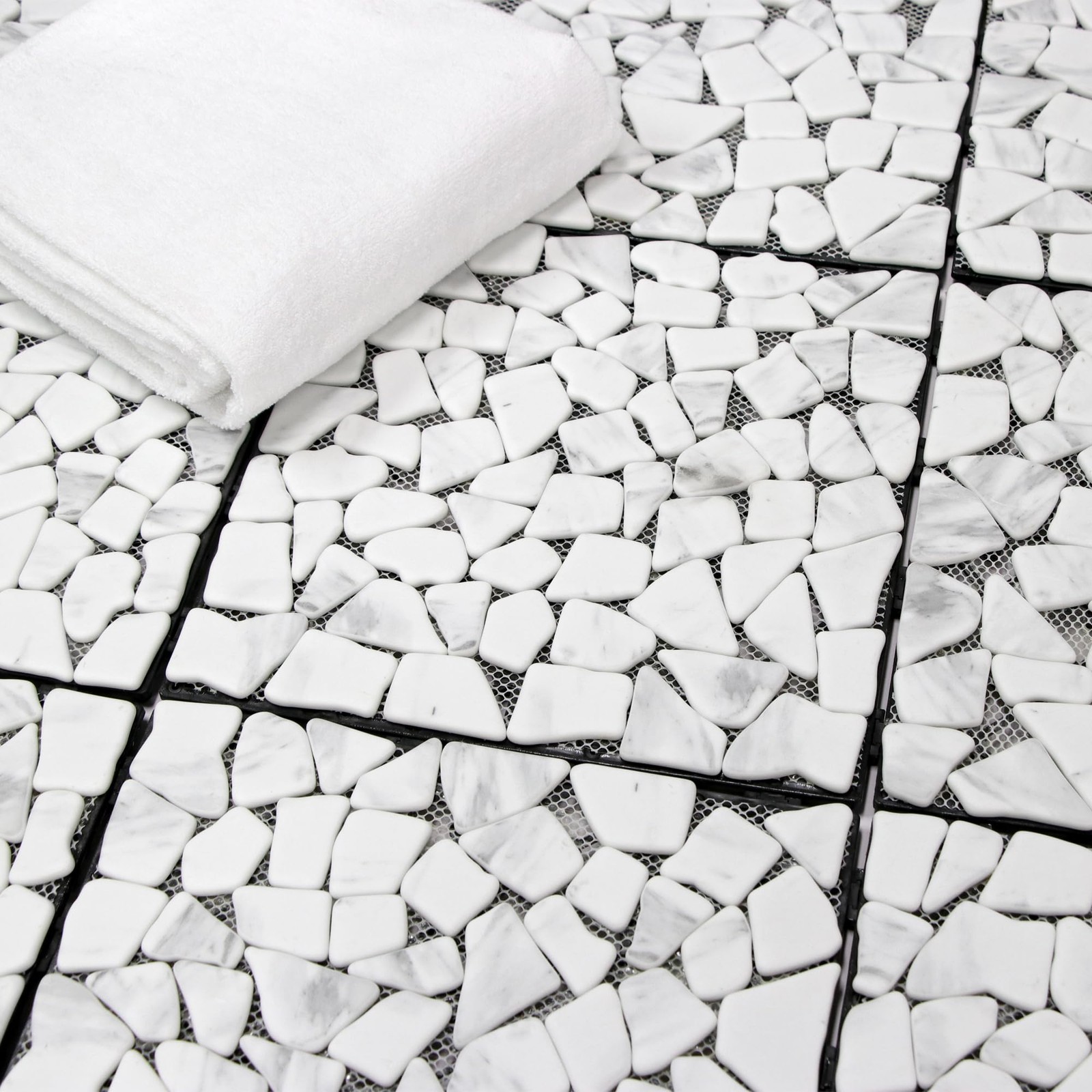 4PCS Natural Pebble Interlocking Deck Tiles, 12″ x 12″ Recycled Glass Marble …