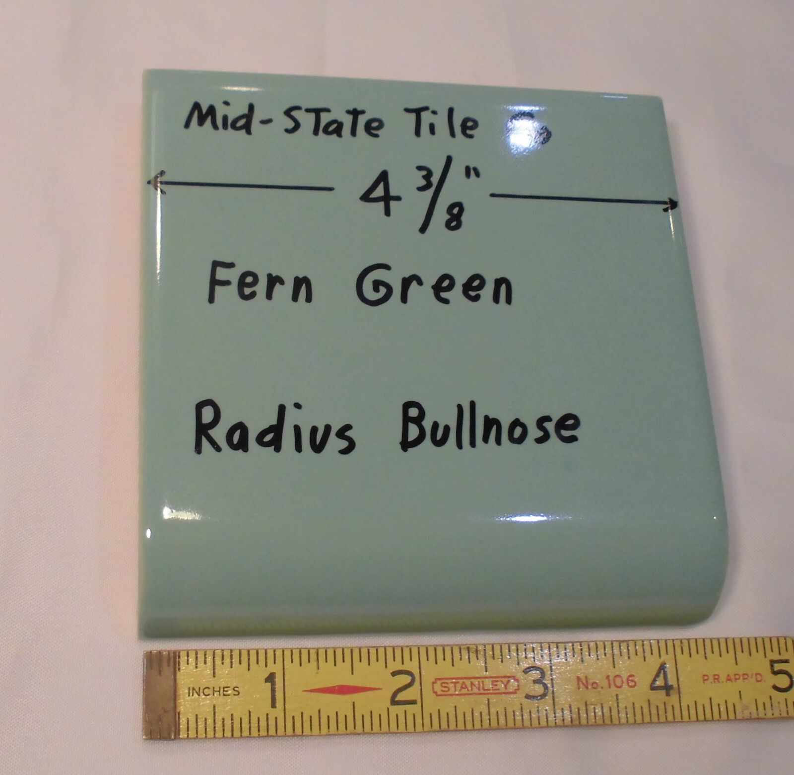 1: Fern Green Radius Bullnose Ceramic Tile 4-3/8″ by Mid-State: Glossy Mudd Cap