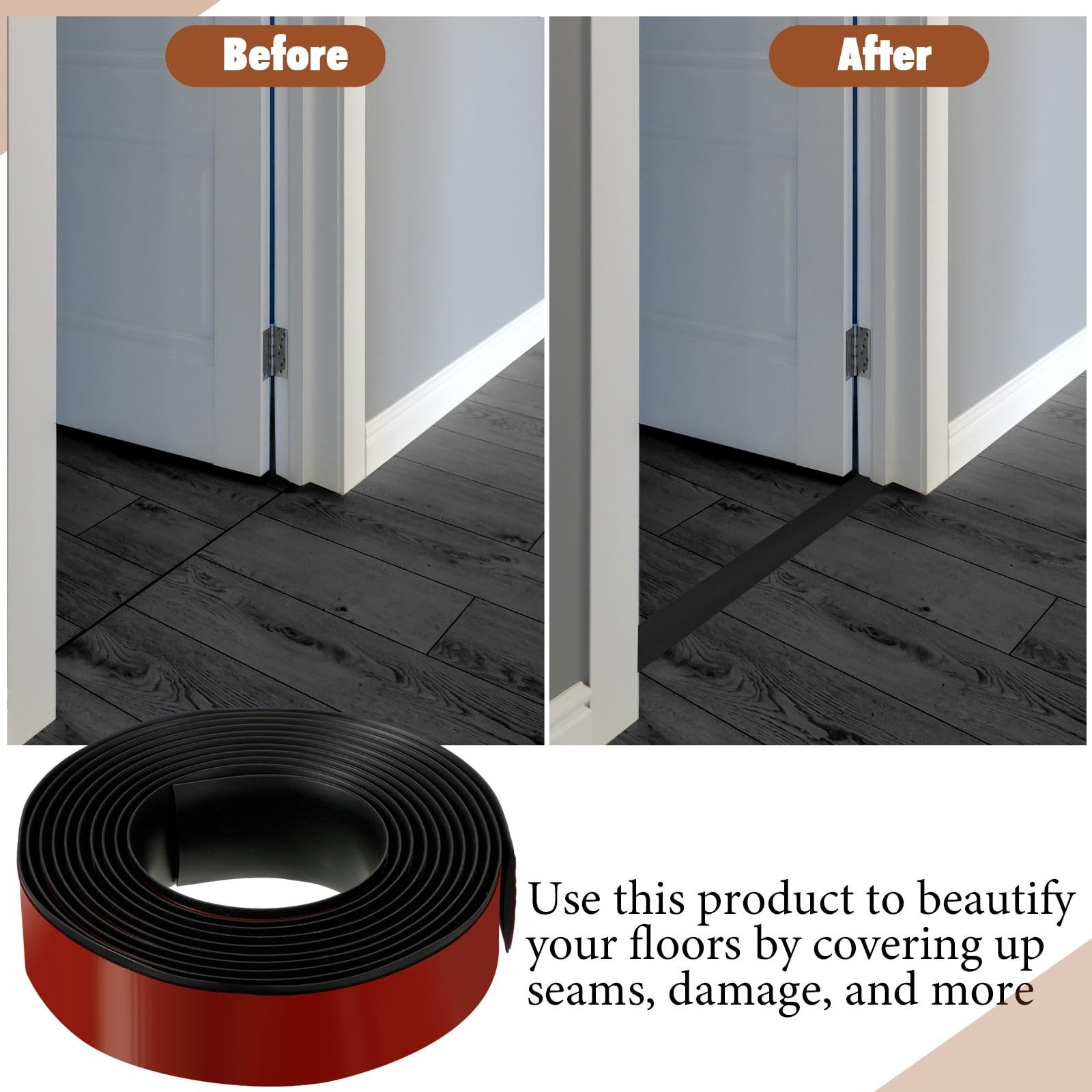 Pangda 12 Ft / 6 Vinyl Floor Transition Strip 1.57″ Wide Self 12 ft, Black
