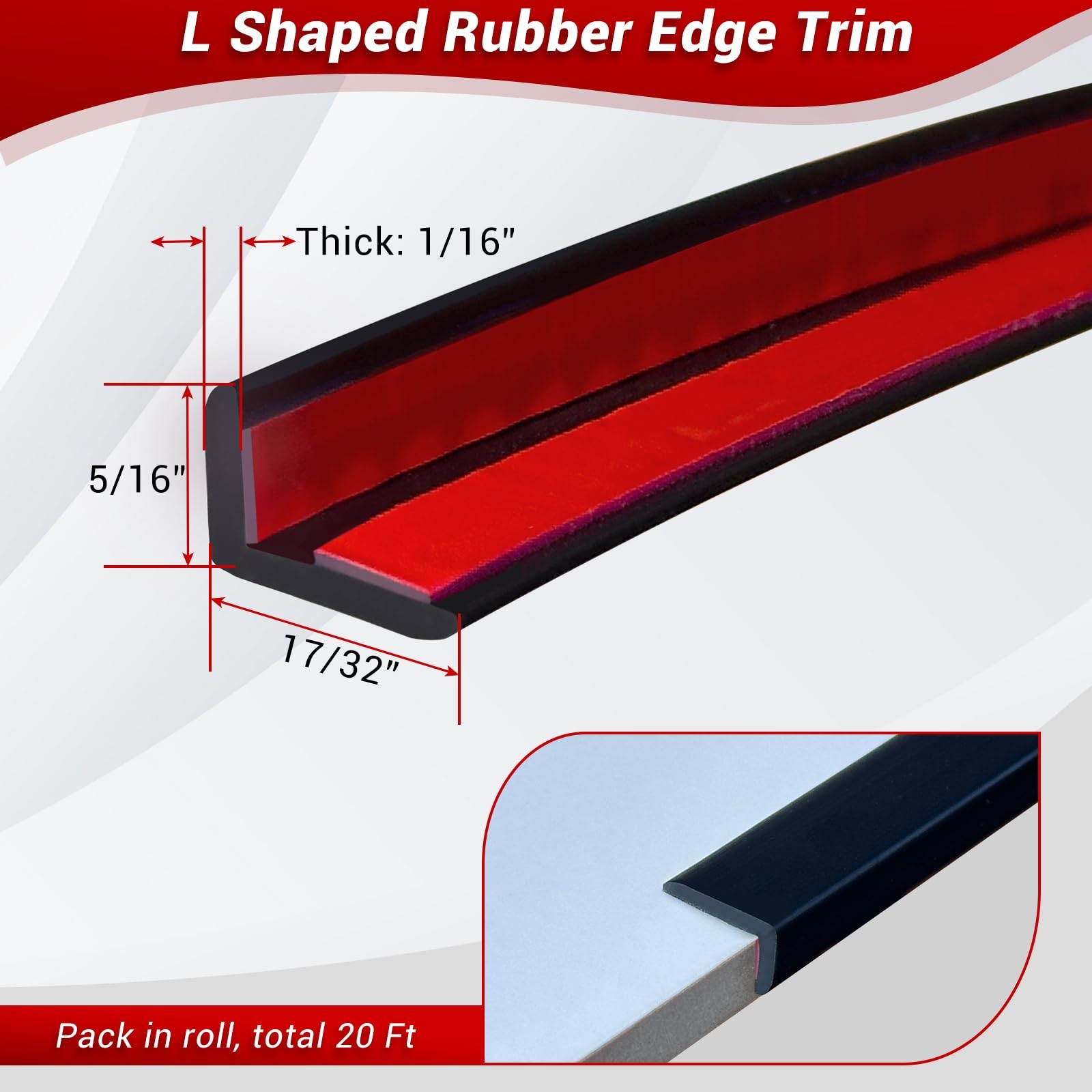 Rubber Edge Trim L-Shaped 90 Degree Peel & Stick Black 20Ft EPDM Material