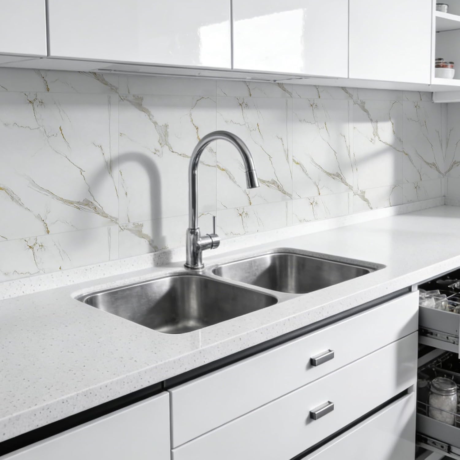 White w/ Gray & Gold Veins 12x12in Peel & Stick PVC Backsplash Tiles (10pcs)
