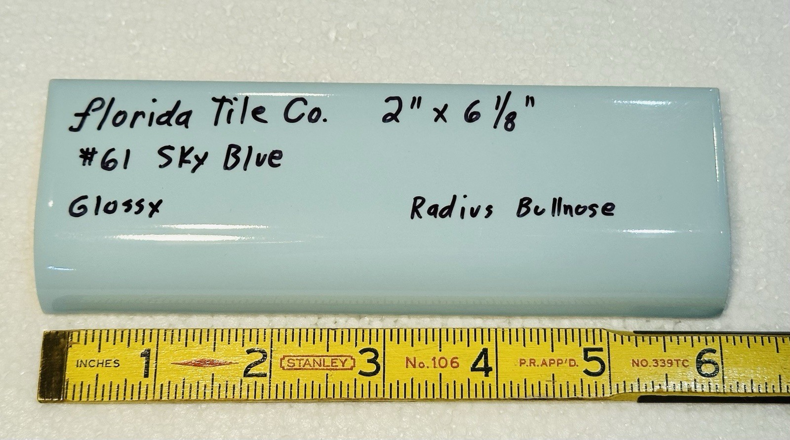1 pc. Sky Blue: 2″ X 6-1/8″ Glossy Ceramic Radius Bullnose Trim Florida Tile NOS