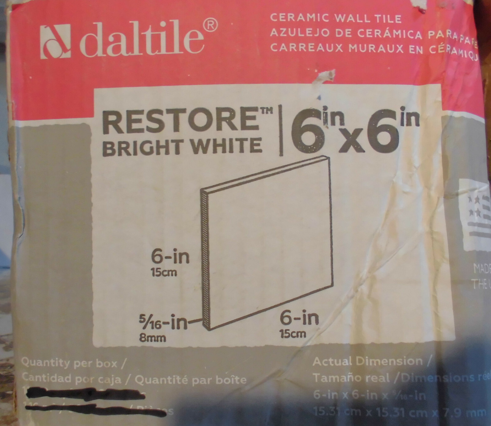 1 pc. Daltile; RESTORE Bright White; Glossy Ceramic Tile 6″ X 6″ New