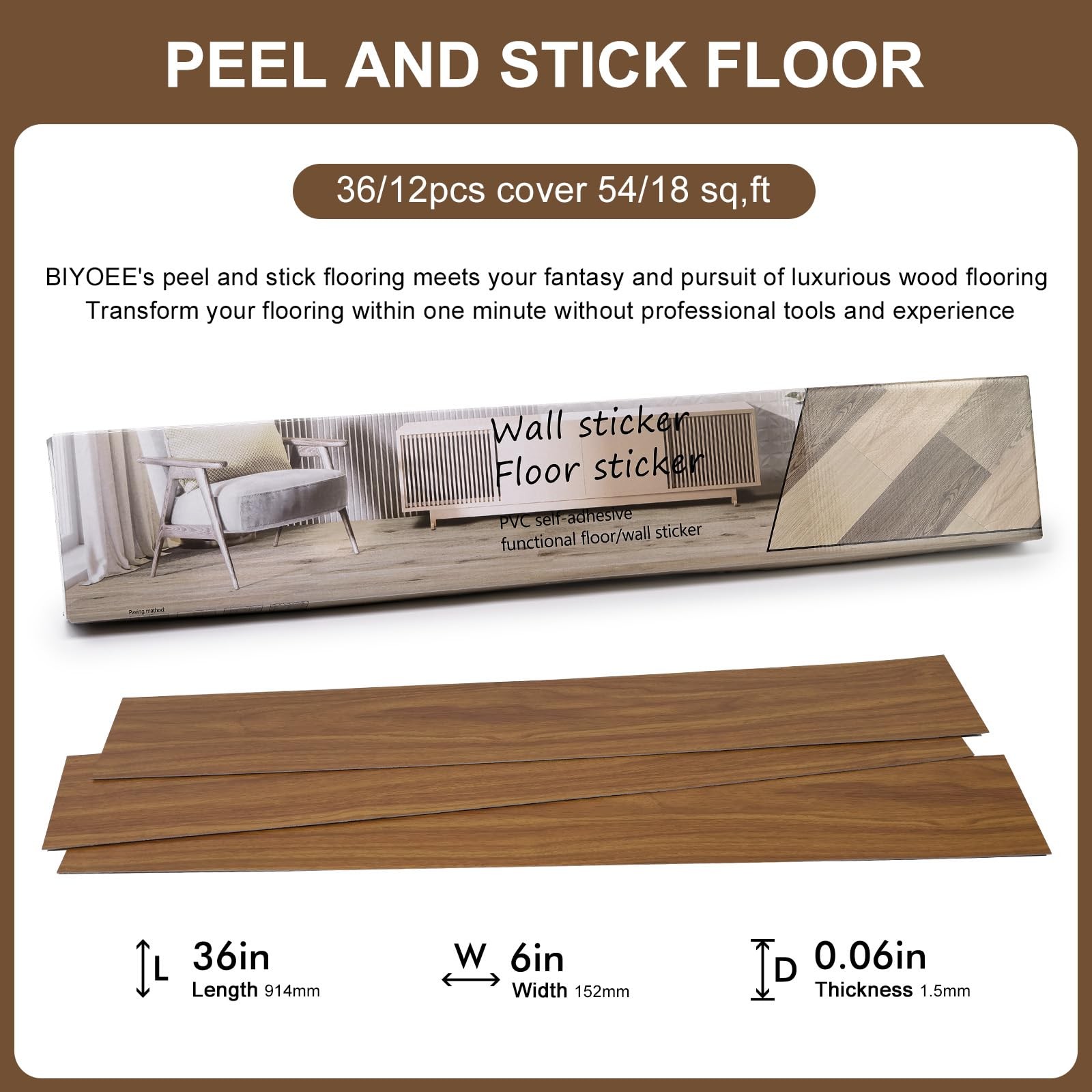 Light Brown Peel and Stick Floor Tile 36-Pack 54 Sq.Ft Luxury Thicken Vinyl W…