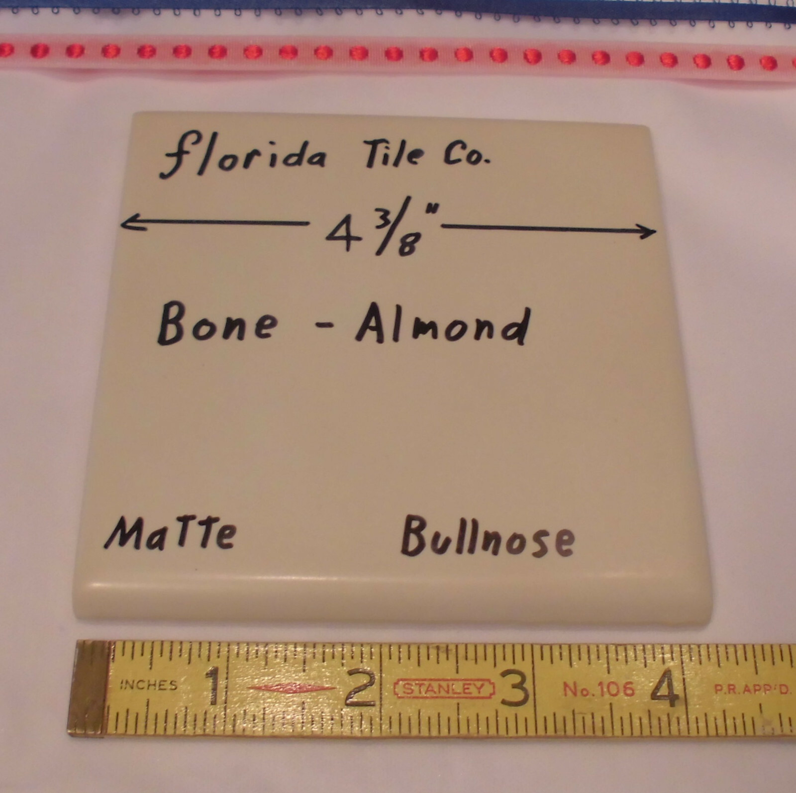1 pc. *Bone – Almond* Matte Bullnose Ceramic Tile 4-3/8″ by Florida Co. (NOS)