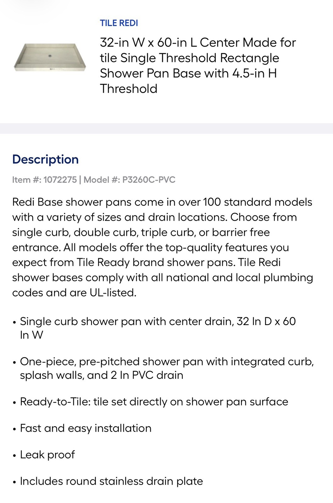 Tile Redi P3260C-PVC Redi Base 60″ x 32″ Rectangular Shower