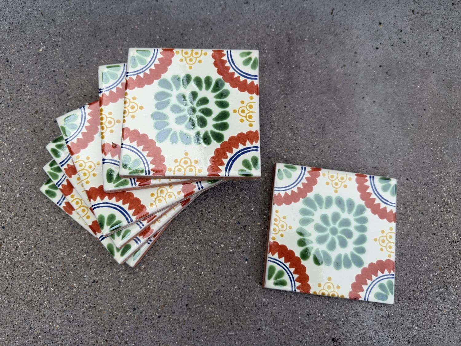 Floral Medallion Green Rosette Talavera Tile 4.25”x4.25” | Handmade Mexican Tile