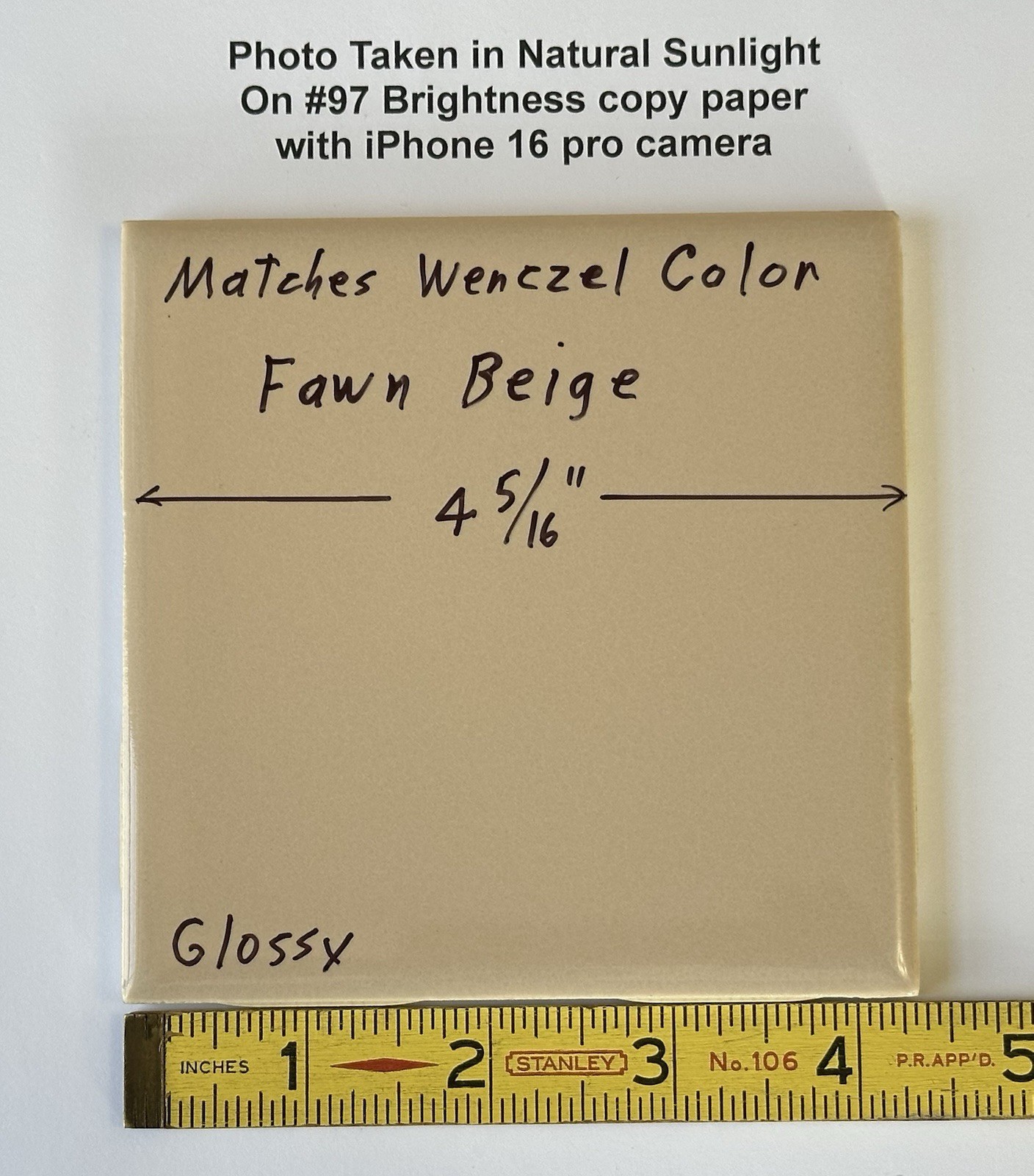 1 pc. Fawn Beige: 4-5/16″ Glossy Ceramic Tile, matches Wenczel Color #223, NOS
