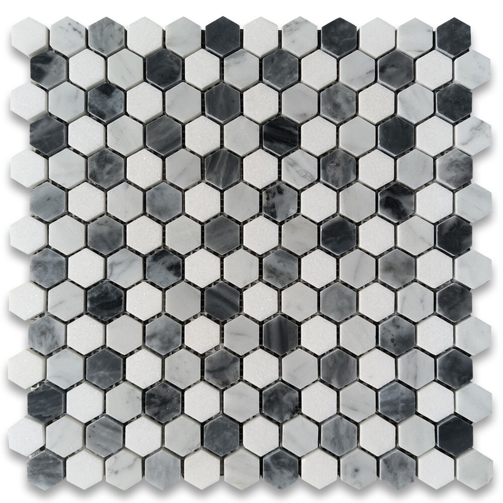 C31A7XP Carrara White Bardiglio Gray Thassos White Marble Hexagon Mosaic Tile