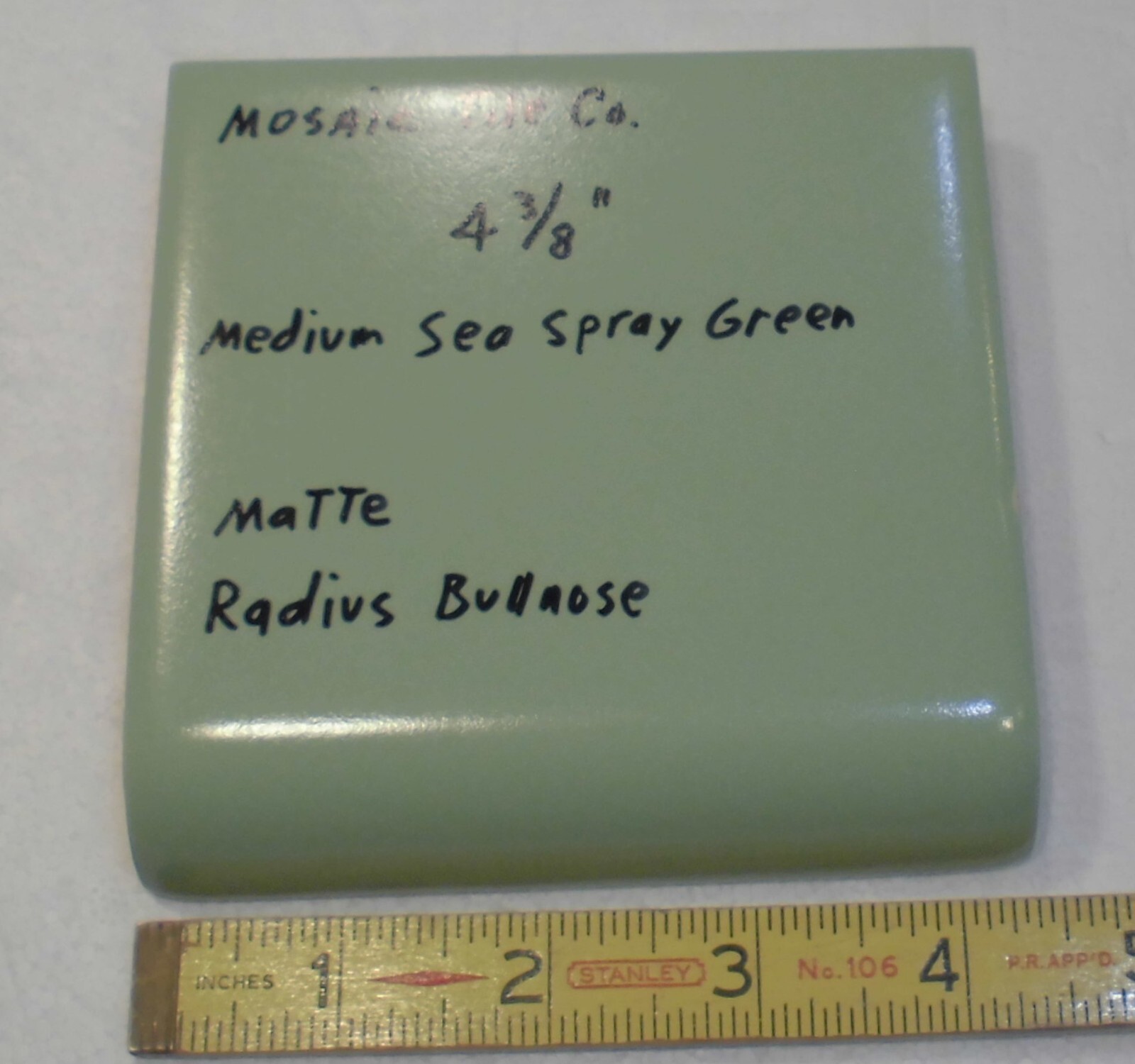 1 pc. Medium Sea Spray Green: Matte Radius Bullnose Ceramic Tile 4-3/8″ NOS