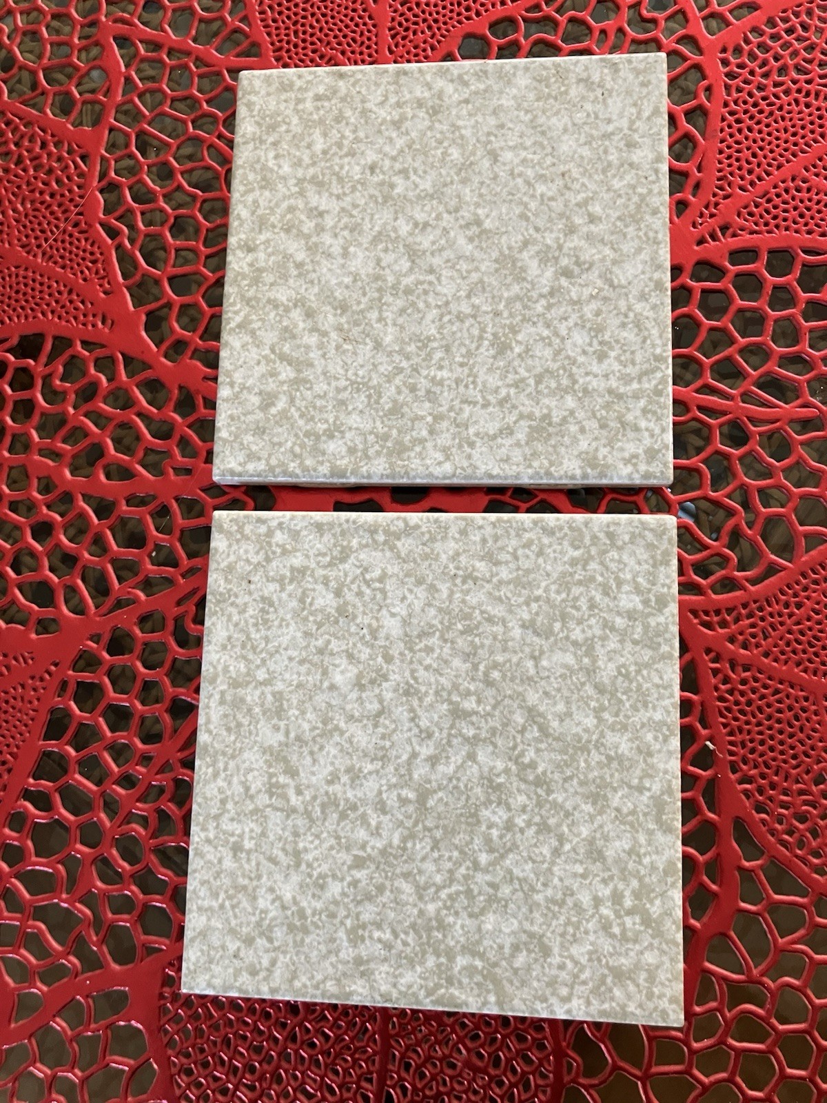 Lot 2 1970s Stylon Ceramic Tiles 4.25 x 4.25″ bumpy splatter dapple dimple USA