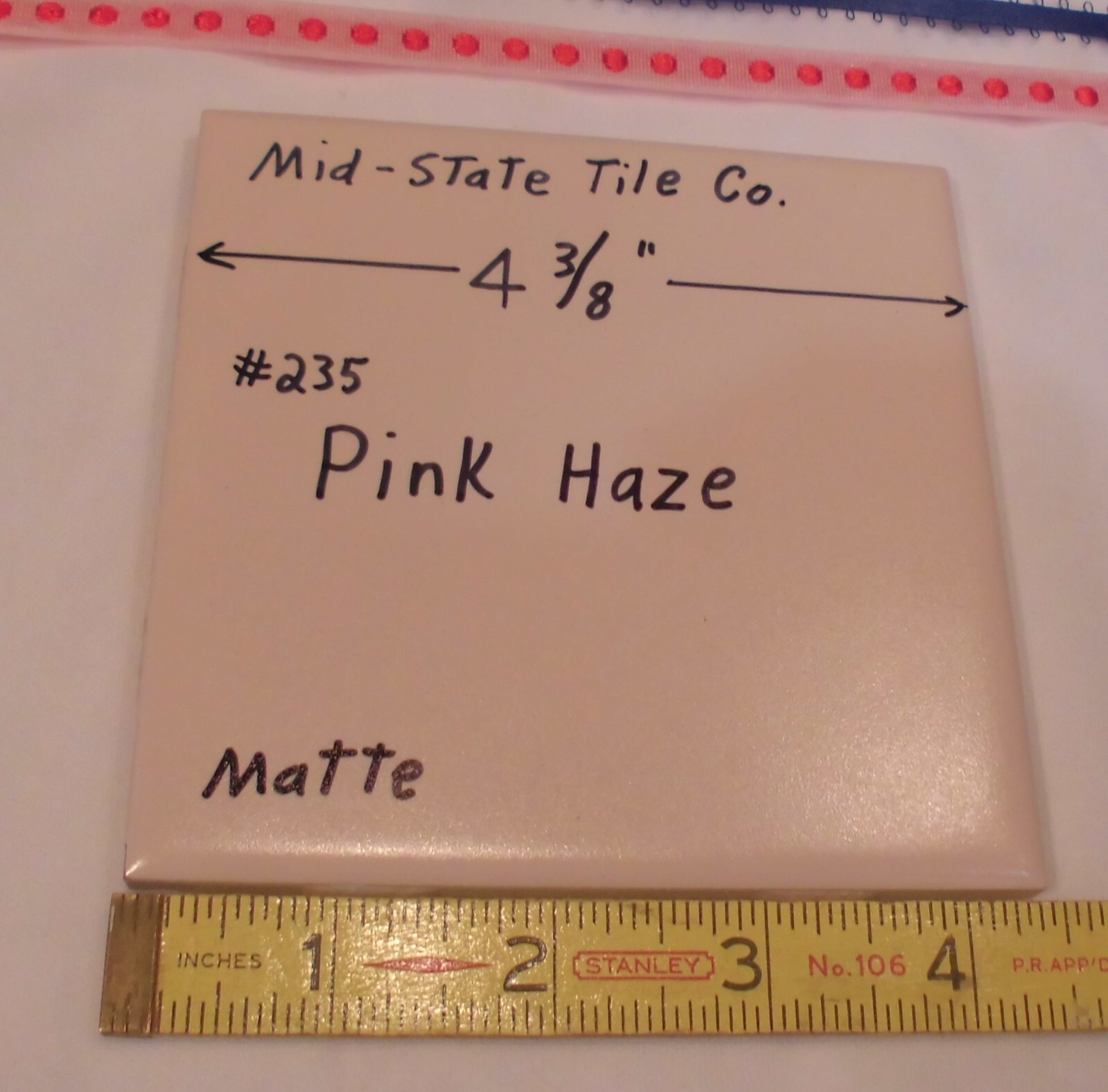 1 pc. Matte Pink Haze #235: Ceramic Tile 4-3/8″ by Mid-State Co. New Old Stock