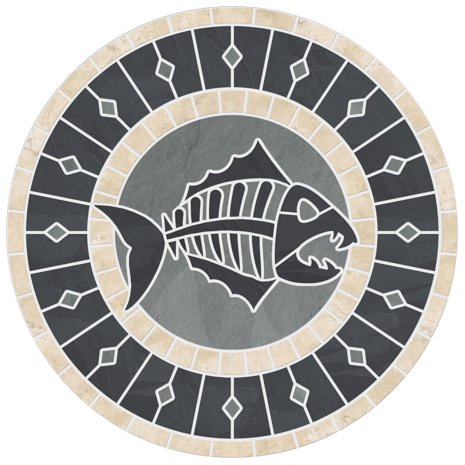 Fishbone Tile Mosaic Medallion in Natural Travertine & Slate Stone – USA Made!