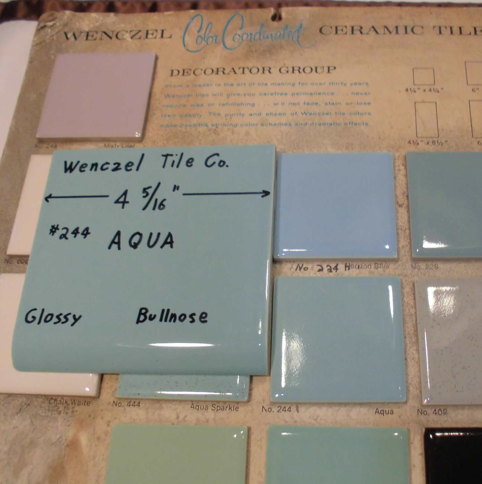 1 pc. Aqua #244; Blue-Green Glossy Ceramic Tile; Wenczel Tile 4-5/16″ Bullnose