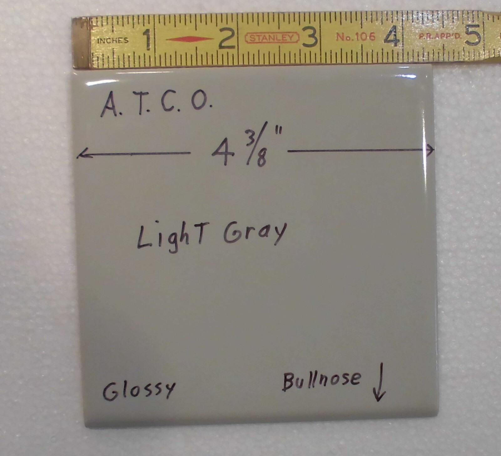 1 pc. Light Gray: 4-3/8″ Glossy Ceramic Bullnose Tile by A.T.C.O. , Pearl Gray