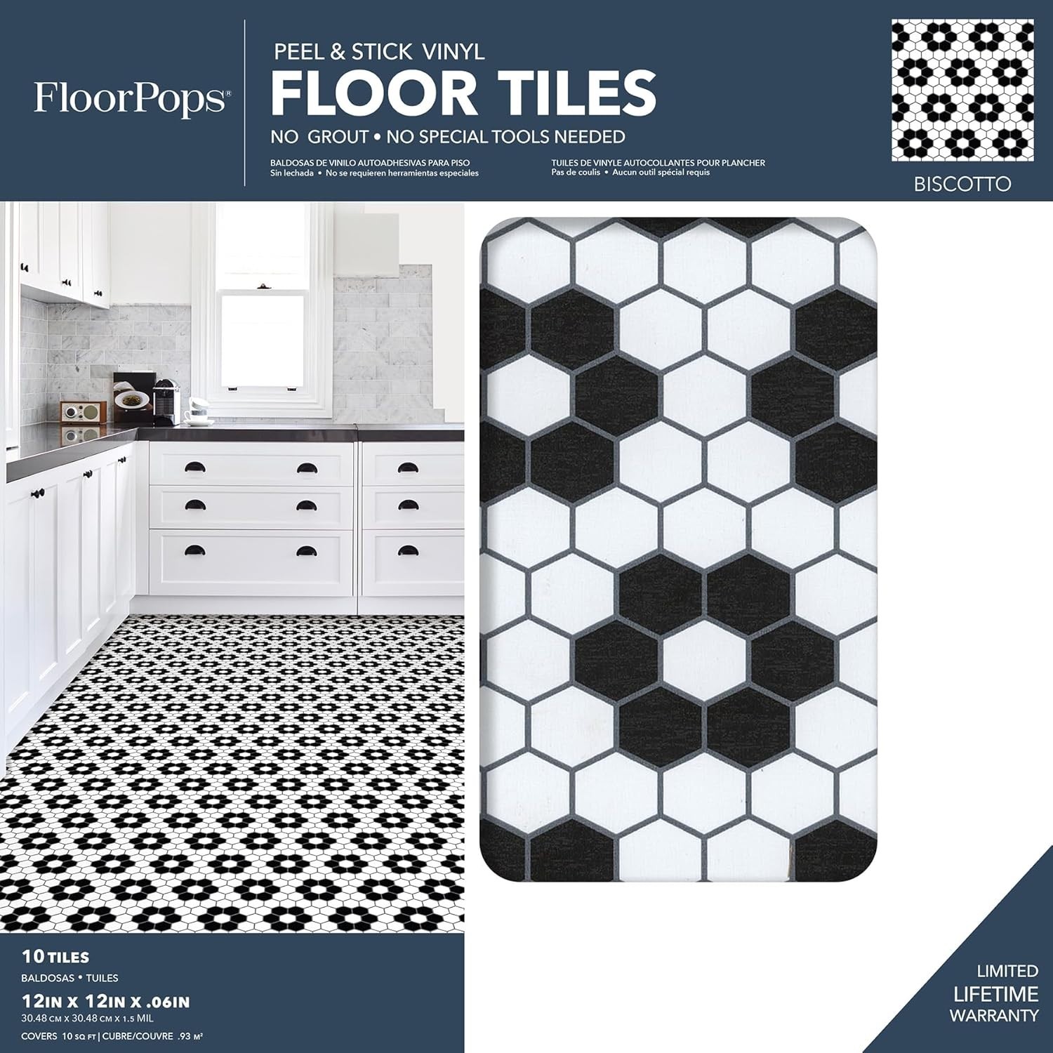 Black Biscotto Peel & Stick Floor Tiles – Floral Geometric Design
