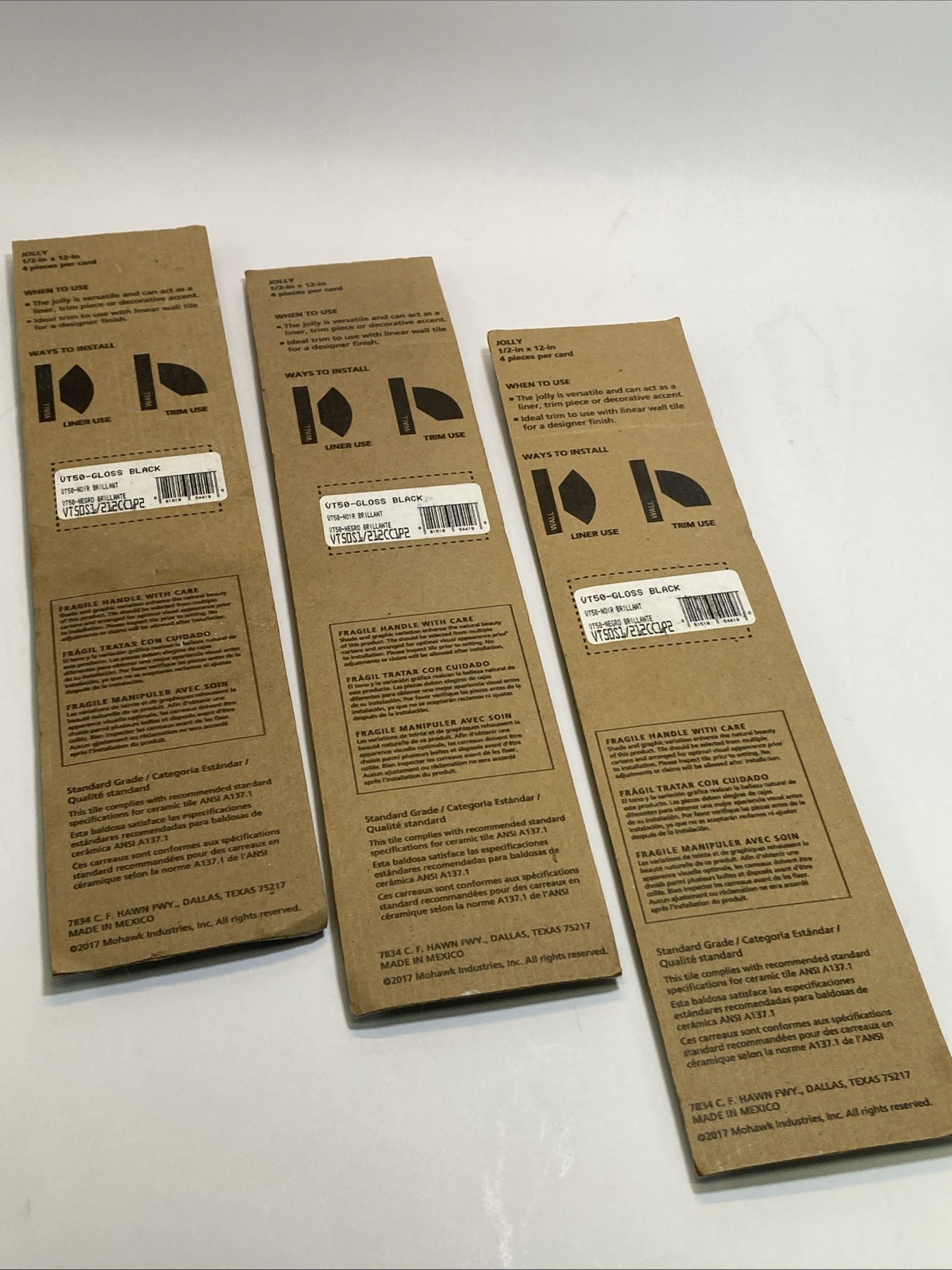 New Lot Of 3 Mohawk Jolly Gloss Black 1/2″ x 12″ Ceramic Wall Tile Trim 4 Pc