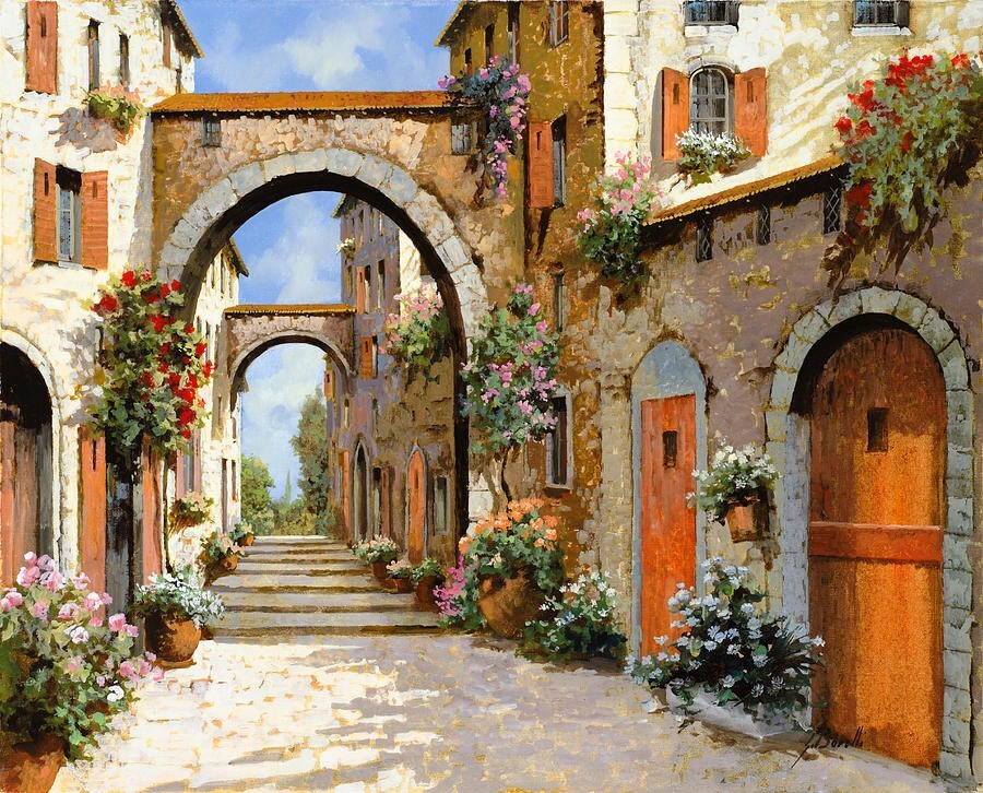 ceramic tile mural backsplash. Rustic Tuscany village scene flower pot garden